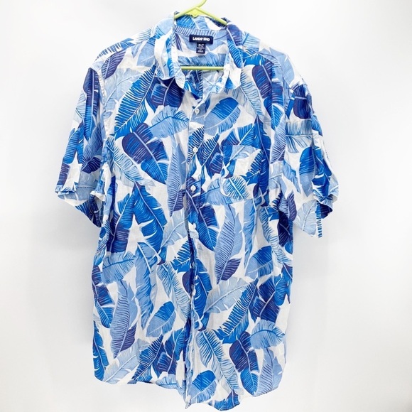 Land’s End traditional fit tropical blue white linen button Down short sleeve - Picture 1 of 8